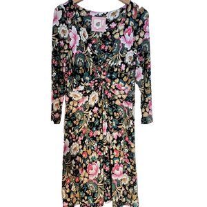 Lilka Dress L Green V-Neck Anthropologie Stretch Jersey Floral Garden Party